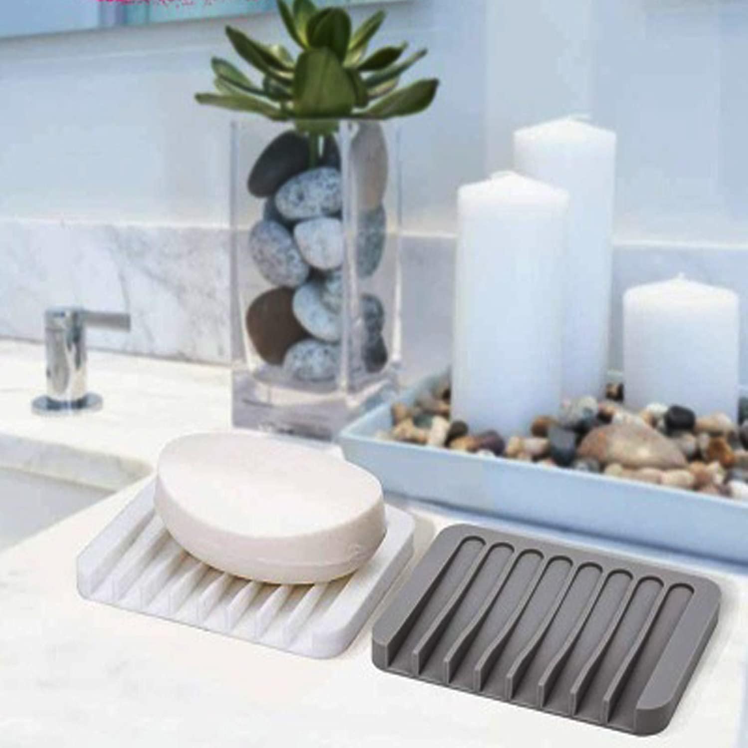 2pcs Silicone Soap Dish, Soap Holder Soap Pad,Self Draining Pads for Soap Dish,Soap Saver Dish for Kitchen Bathroom Travel - Grey