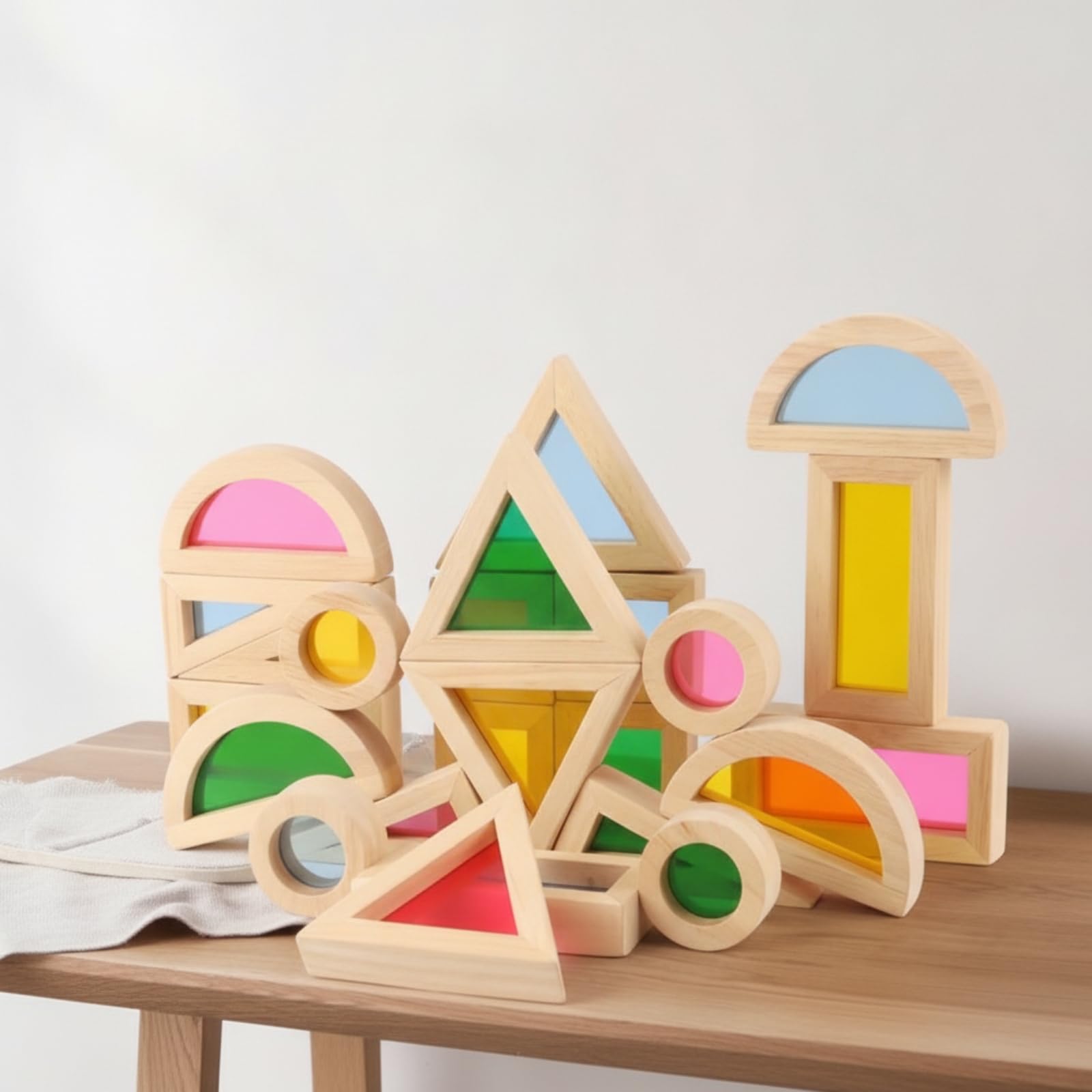 Blocchi da Costruzione in Legno Colorato | Sensoriale, Costruzioni in Legno con Inserti Colorati, Traslucido, per Scuola Dell'infanzia, Area Giochi, Bambini, Neonati, Stile A