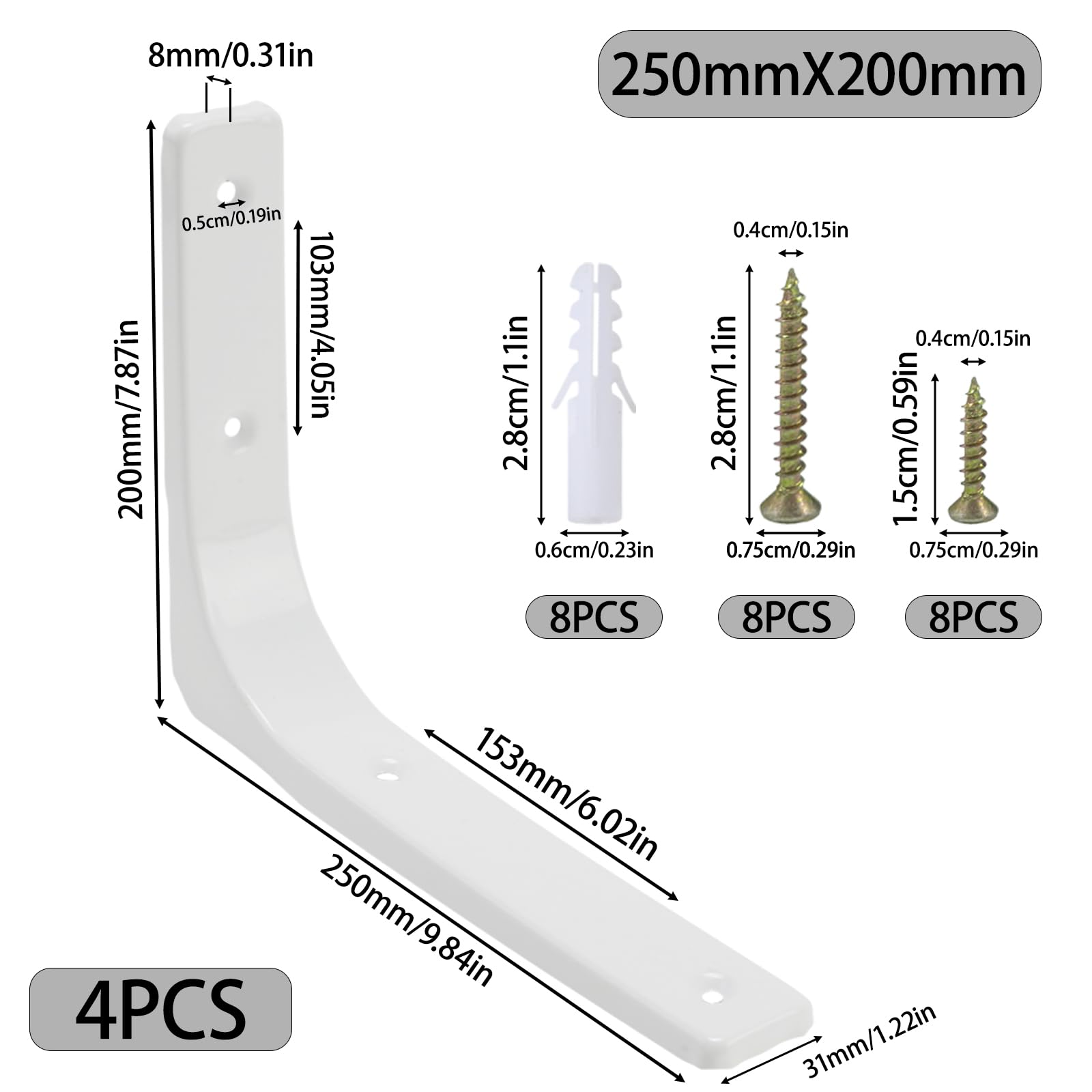 Fairblo 4Pcs White Shelf Bracket 250 x 200mm L Brackets for Shelves Heavy Duty Wall Mounted Brackets with Screws Metal Right Angle Bracket Shelf Support for Bookshelf Wood Board Garden Shelf - Image 2