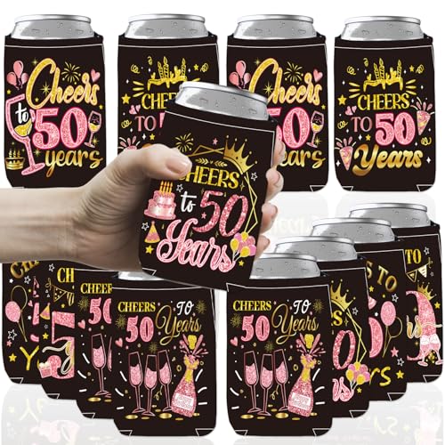 Koazava 12 Pcs 50th Birthady Party Can Cooler Sleeve, Cheers to 50 Years Party Decorations for Men Women, Pink Gold Neoprene Can Sleeve 1976 Birthday Decorations for Parents Him Her