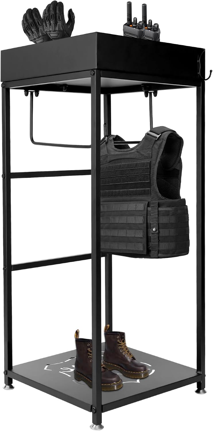 Police Gear Rack, Police Hanger with 3 Hooks Free-Standing All Iron, American Flag Tactical Gear Stand, Law Enforcement Vest and Duty Belt Holder, Cop Caddy Valet Stand, Frame Police Stand