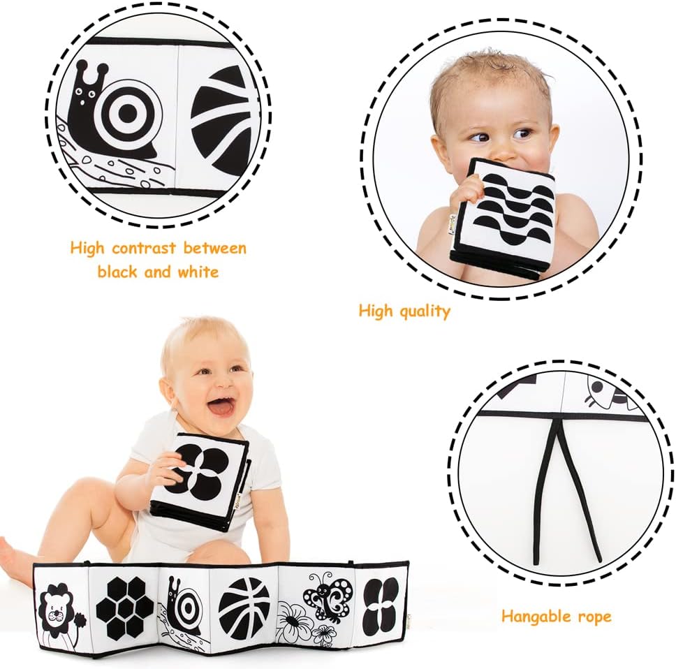 KaPing My First Black and White High Contrast Soft Book for Baby, Infant Tummy Time Cloth Book Toys, Black and White Baby Cards, Folding Educational Activity Cloth Book Suitable for Boys Girls Toddler