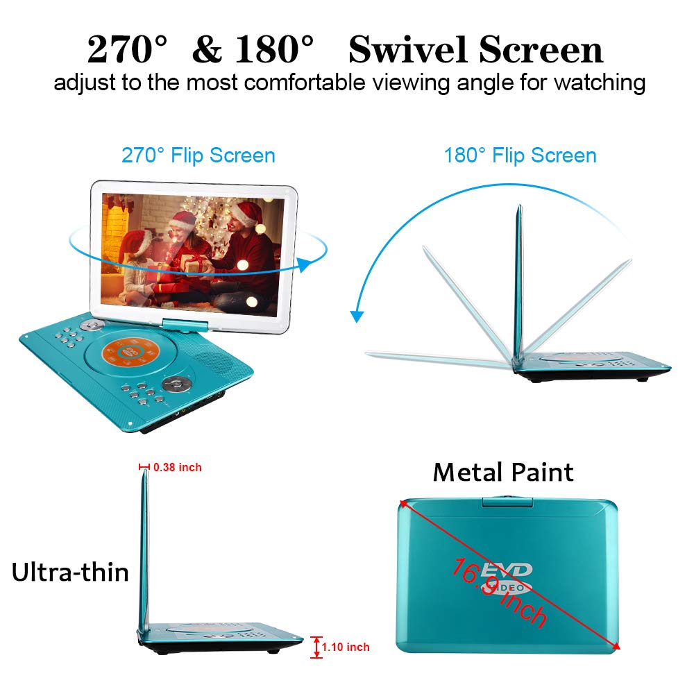 YOOHOO Lecteur DVD portable de 14 pouces avec contrôleur Remore - Batterie rechargeable haute résolution - Grand écran - Pour voiture - Noir