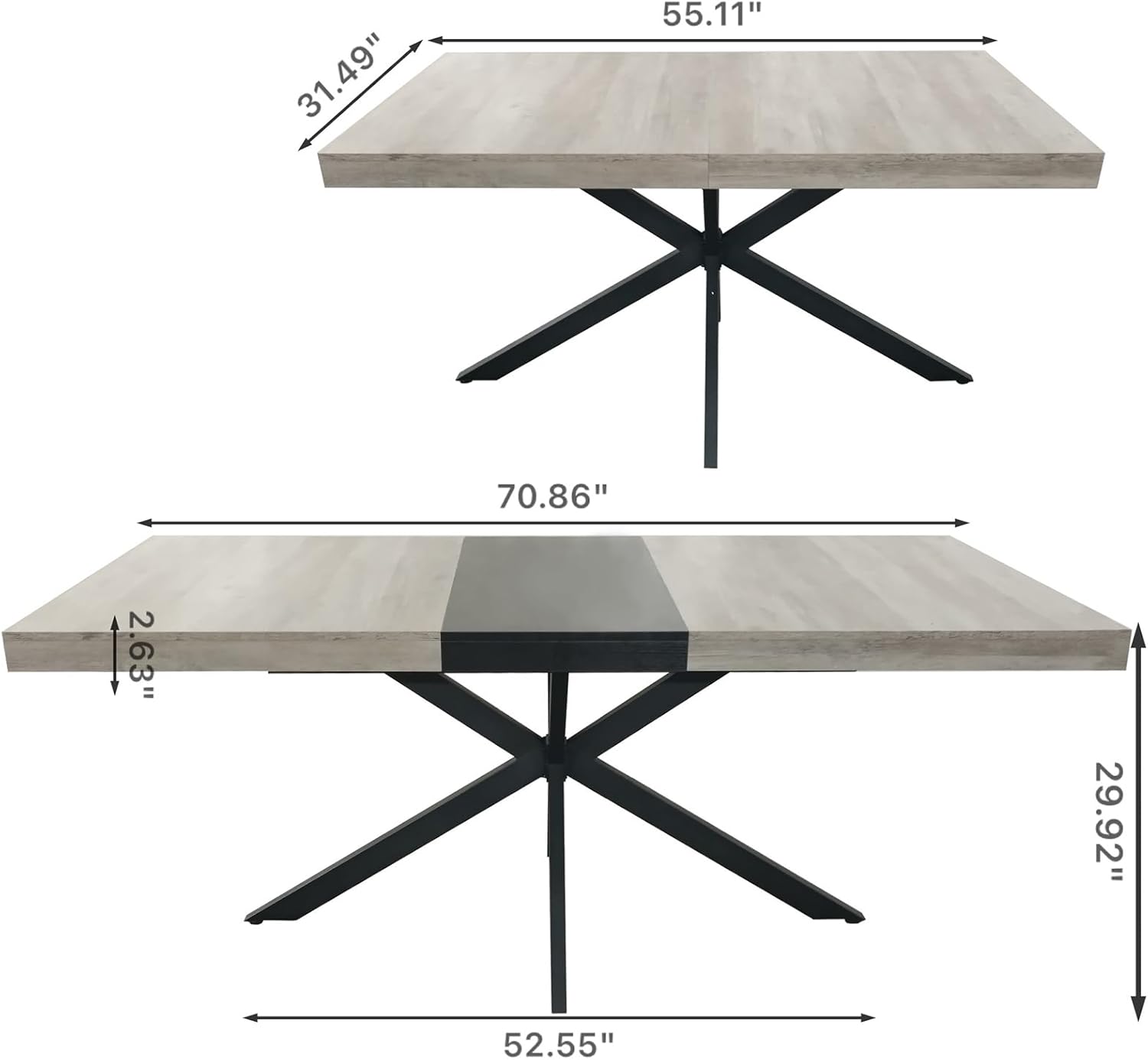 55.11'' -70.86" Expandable Table Dining for 6 Person Embossed Center Plate Iron Foot Base Long Wooden Dining Room Table