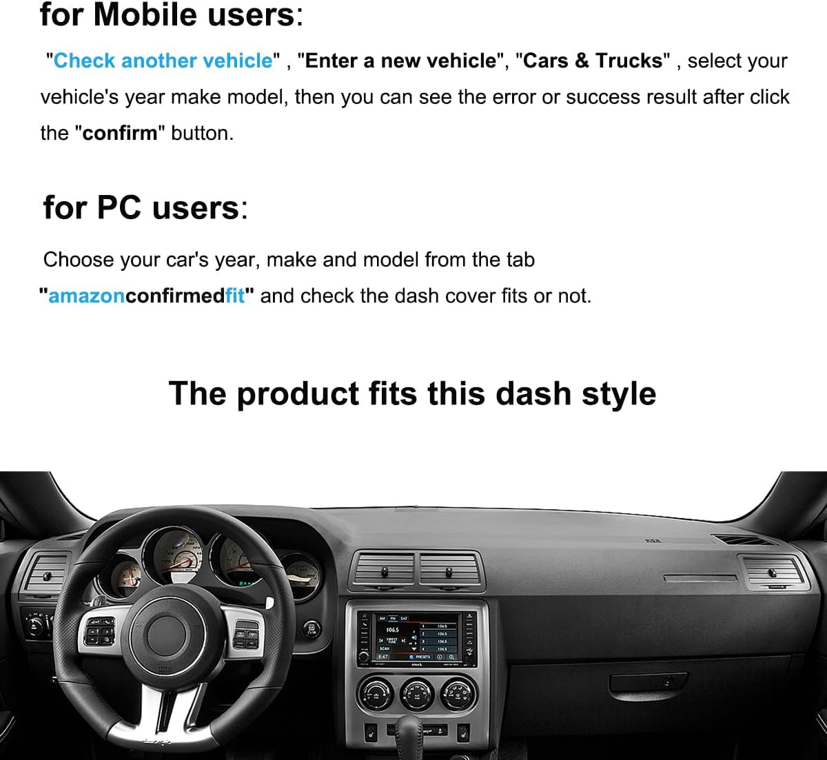 Dash Cover Mat for Dodge Challenger with Light Sensor w/o Speaker Cutout, Dashboard Pad Carpet Protector K185 (Black)