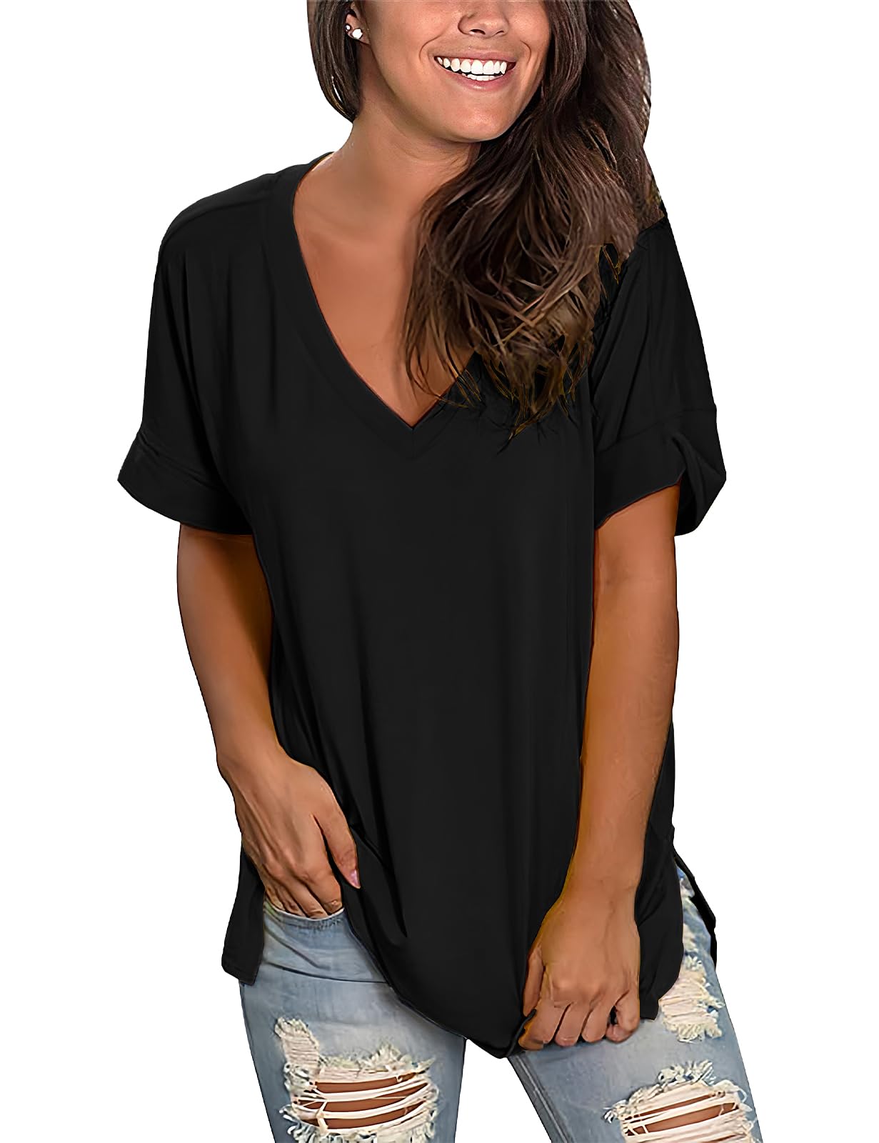 CMTOP T-Shirt Donna Estiva Cotone V Scollo Tinta Unita Maglietta Manica Corta Top Casual Case Camicie Orlo Arrotondato Lungo per Feste Casual Maglietta da Donna Allentate