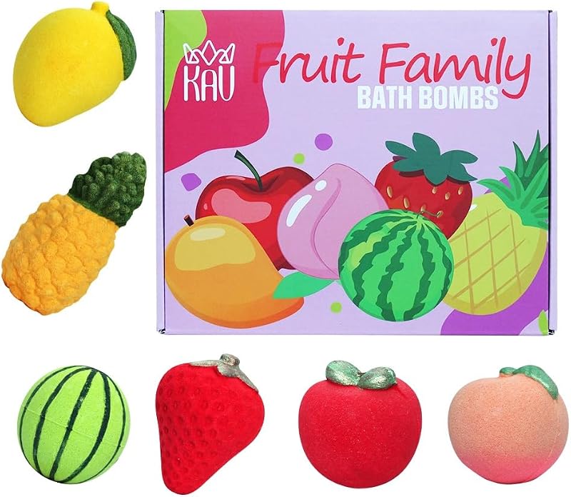 Conjunto de Bombas de Banho KAV com 6 Unidades de 150 g, Formatos de Frutas e Fragrâncias de Morango, Pêssego, Manga, Abacaxi, Melancia e Maçã