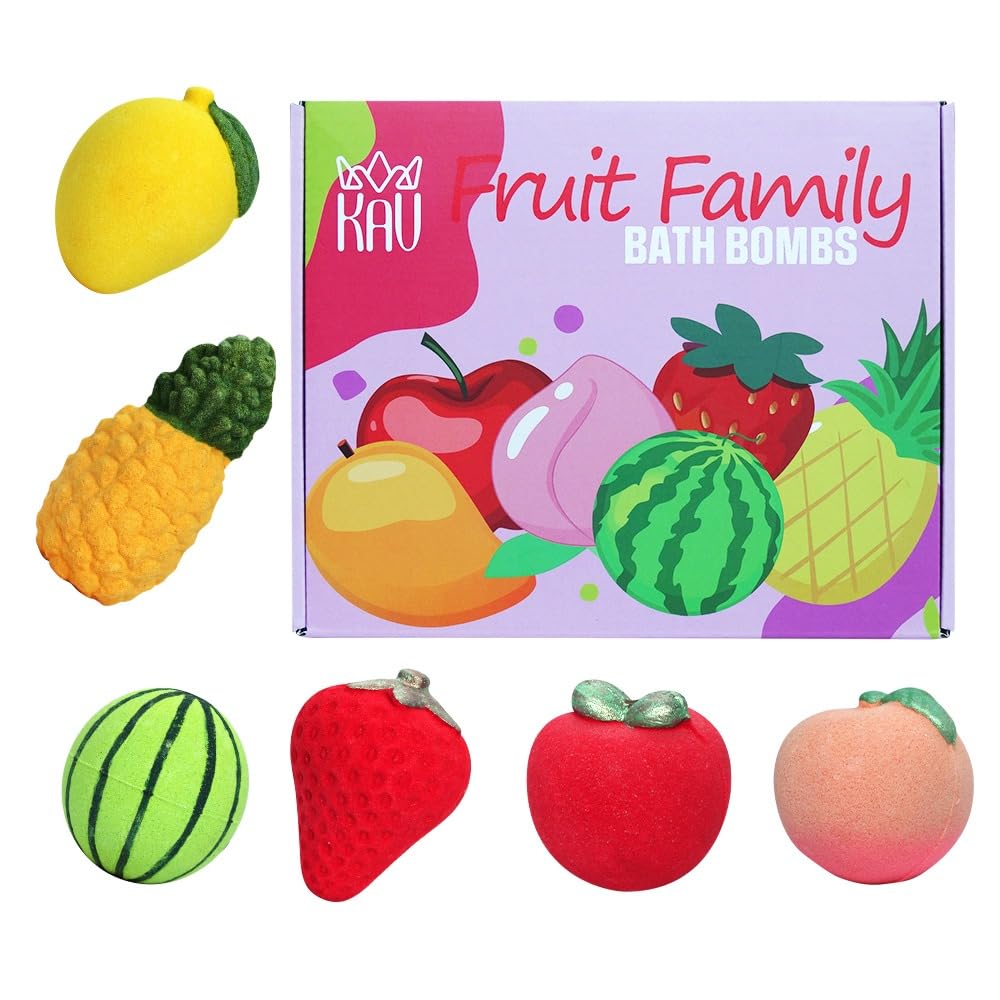 Fruit Family Bath Bomb Set - Extra Large Bath Bombs for Women, Men, Kids - 6 Shaped Bathbombs Giftset, Bath Fizzies, Skin Safe, Natural Scented for Gifts