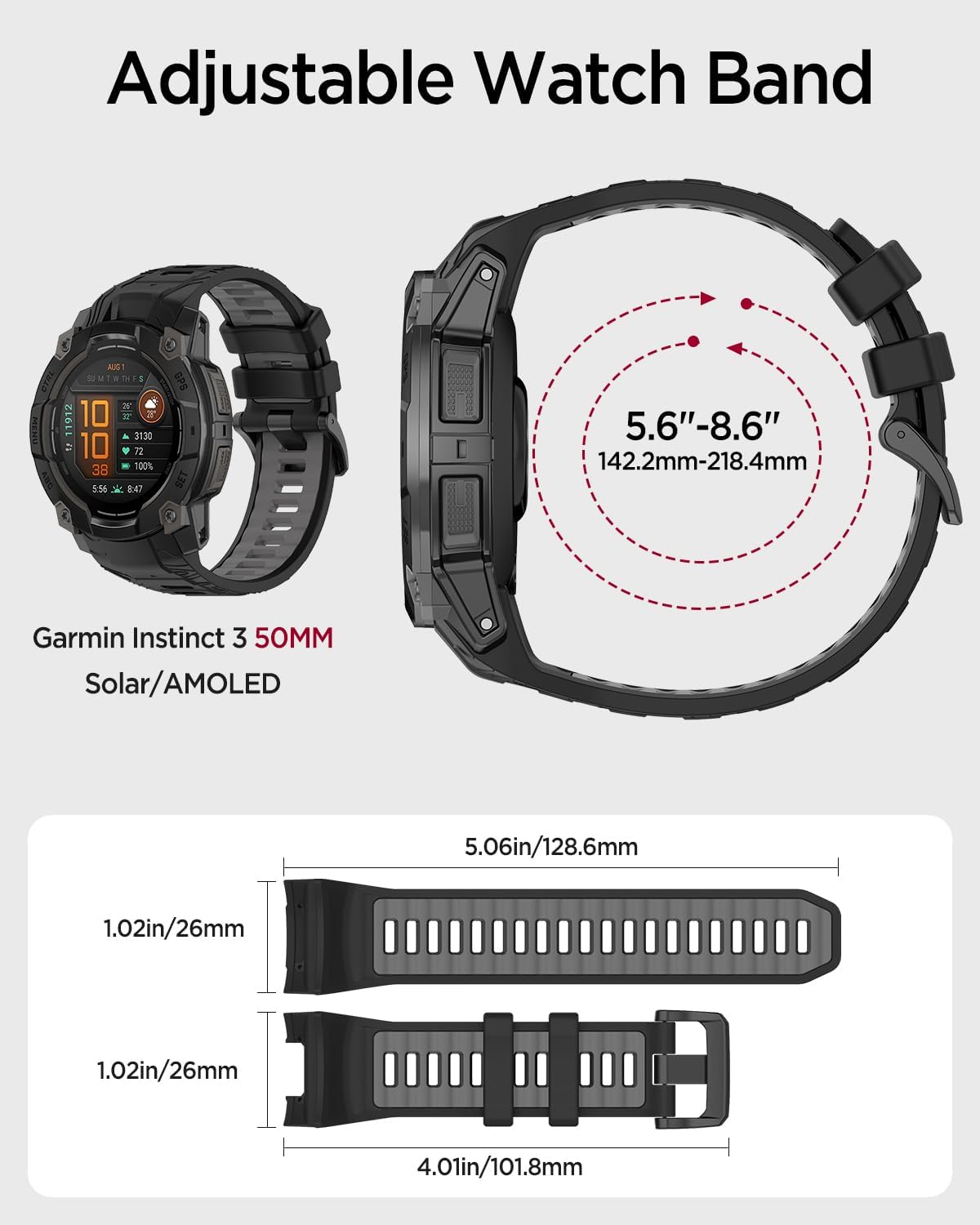 Miimall Silicone Band Compatible for Garmin Instinct 3 45mm/50mm, Waterproof, Quickfit, 22mm/26mm Soft Adjustable Bracelet Replacement Watch Strap for Instinct 3 SOLAR/AMOLED for Men Women - Image 5