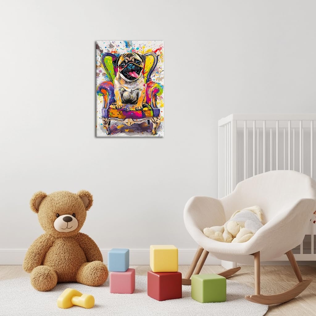Axglnumber Pug Wall Art Graffiti Wall Decor Prints Modern Framed Dog Wall Art Funny Animal Sitting on Chair Artwork 12x18 inches