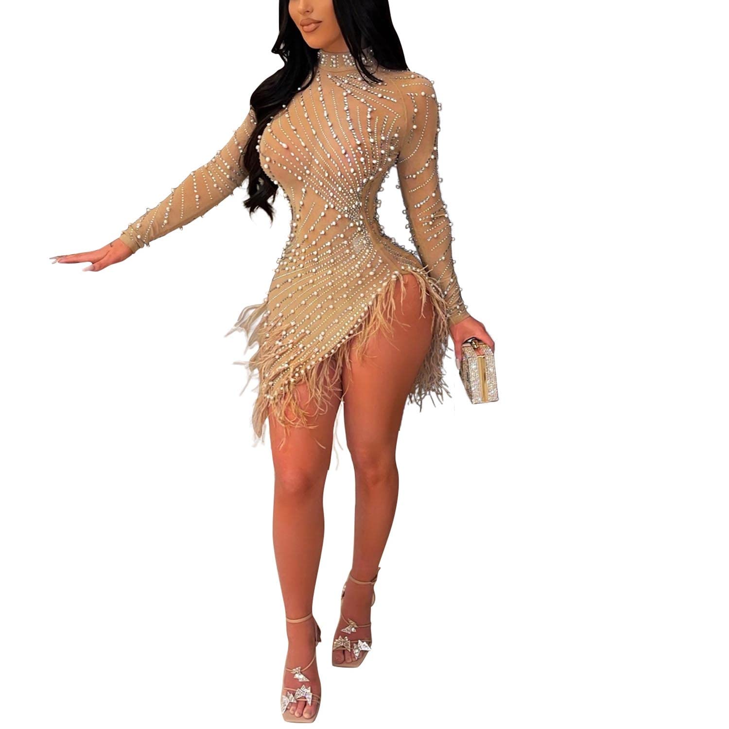 enheng Women's Sparkly Rhinestone Dress, Sexy Long Sleeve Cocktail Dress with Tassel Club Night Dress
