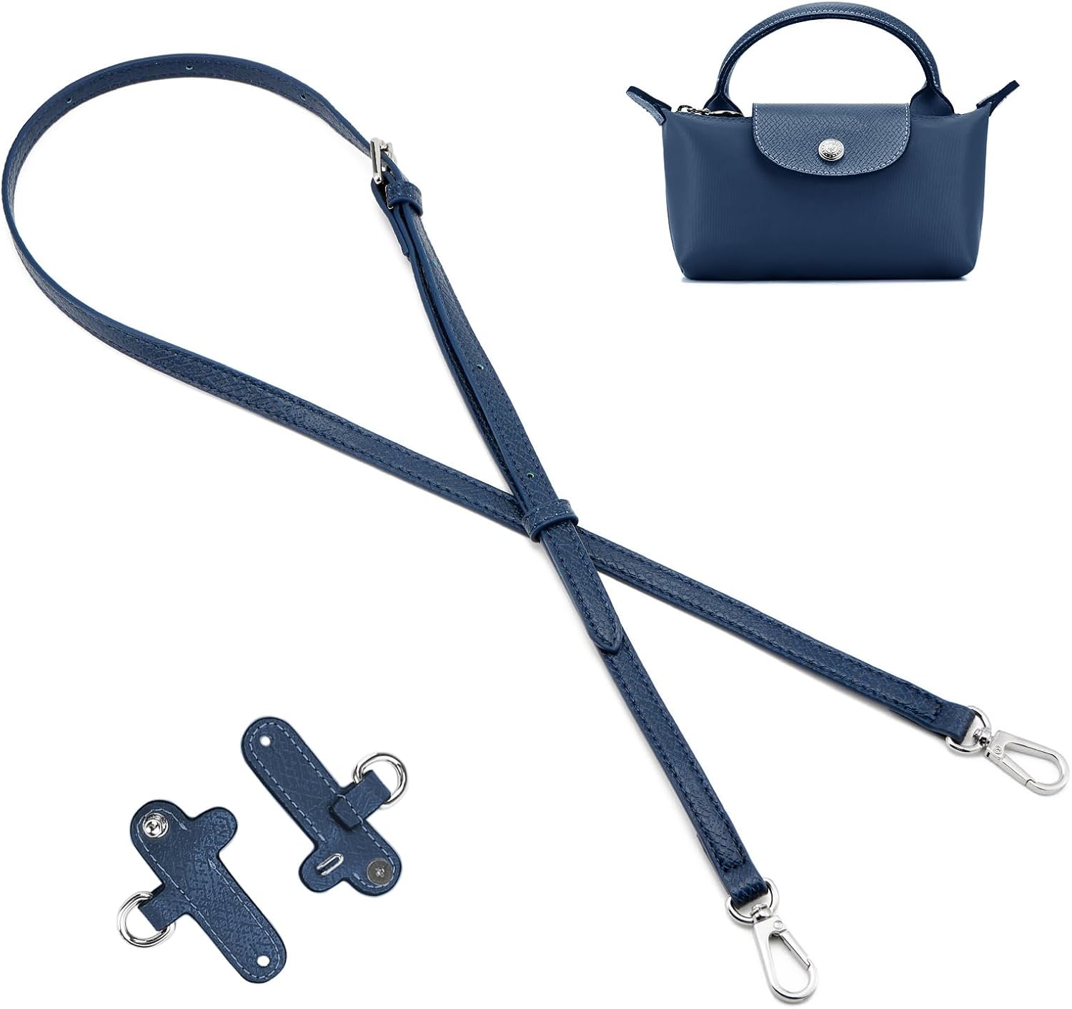 ロンシャンハンドバッグに適したレザーストラップ、クロスボディ調節可能なショルダーストラップ変換キット、ブルーシルバー