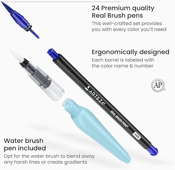 ARTEZA Real Brush Pens, 24 Watercolor Markers, Flexible Nylon Brush Tips