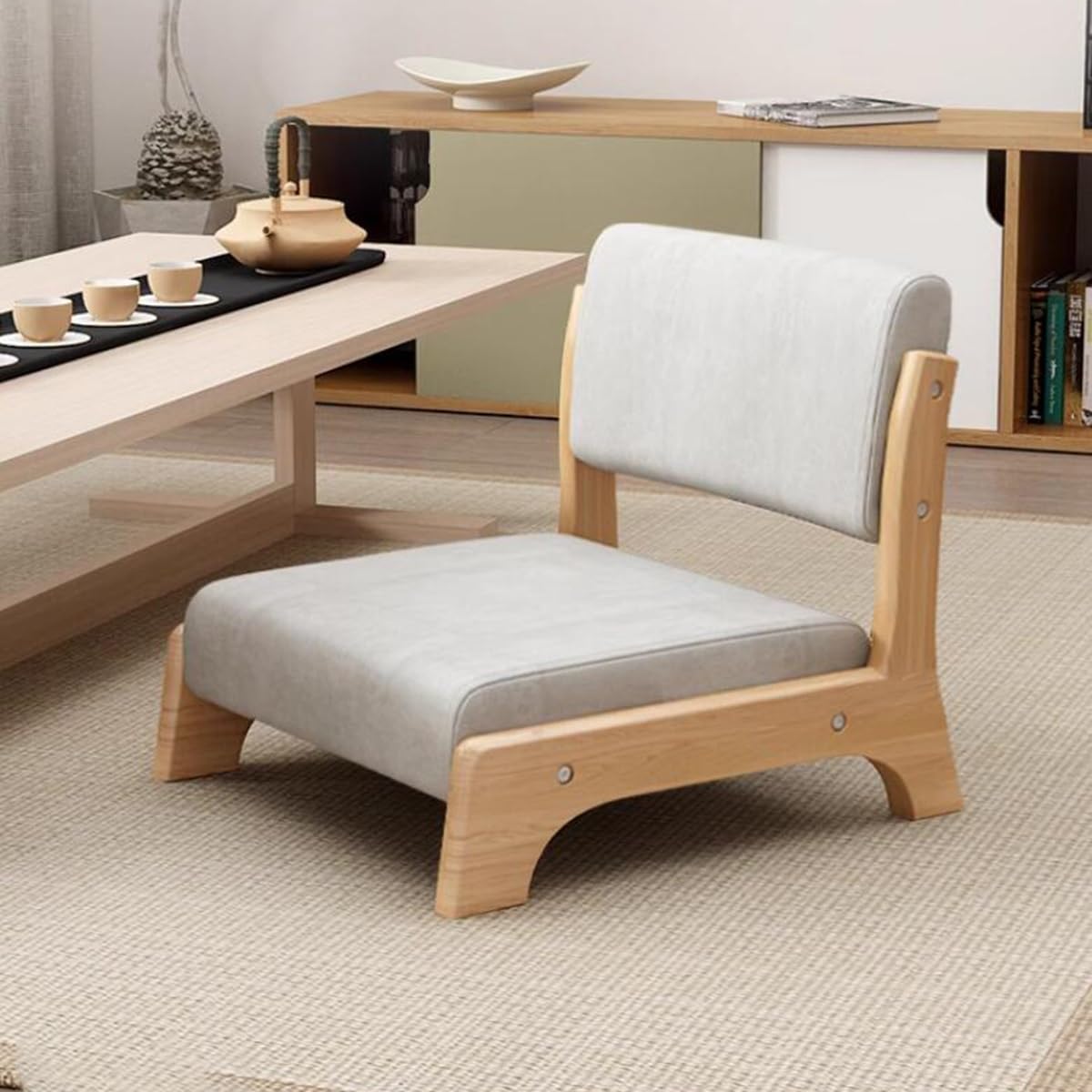 Floor Chair with Back Support Wood Legless Tatami Chair with Cushion for Meditation, Gaming, Bay Window Living Room, Bedroom Green Natural Color