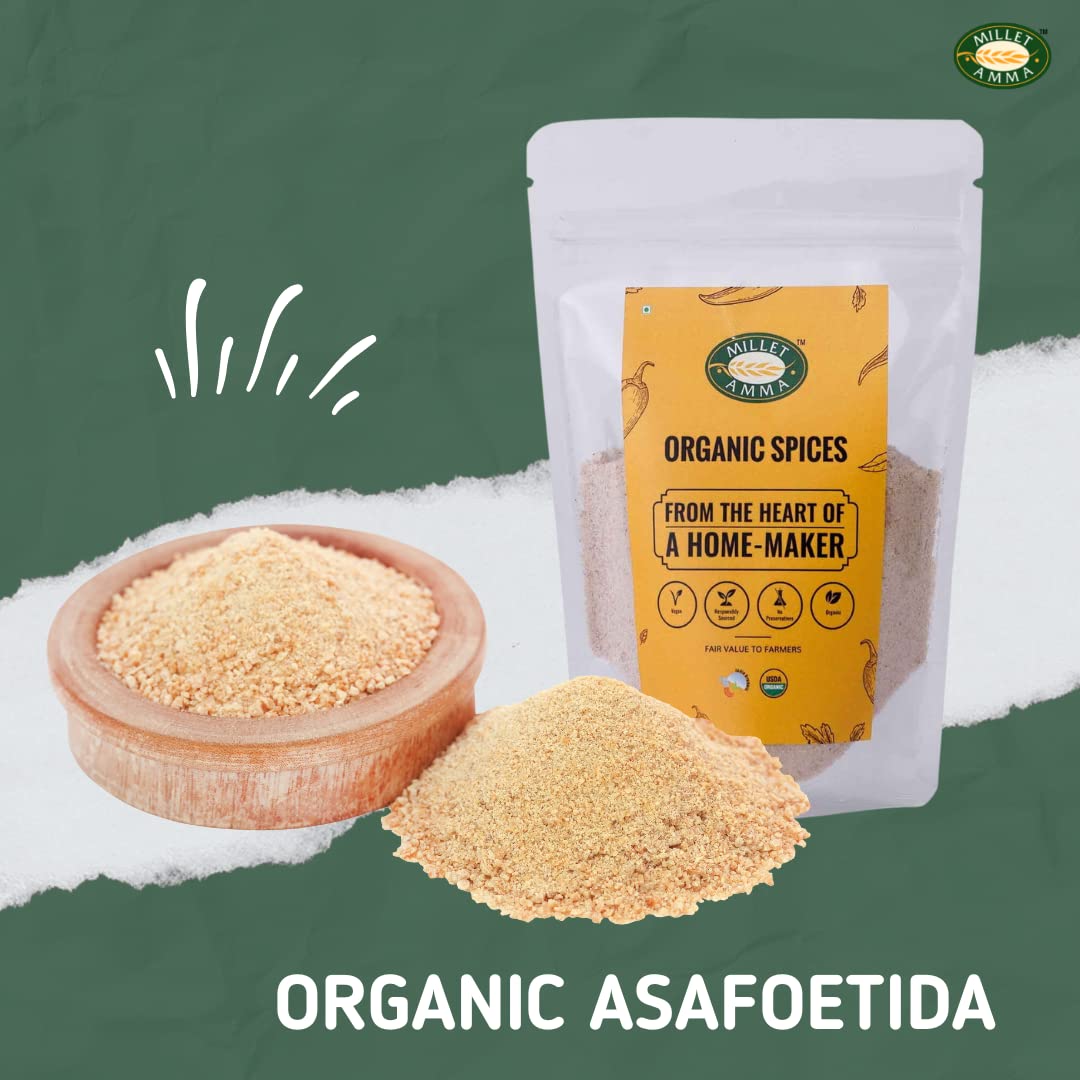 MILLET AMMA Assafetida biologica (Hing) 50 g, 100% vegano e senza glutine, spezia aromatica da cucina, contiene proprietà antispasmodiche e antinfiammatorie