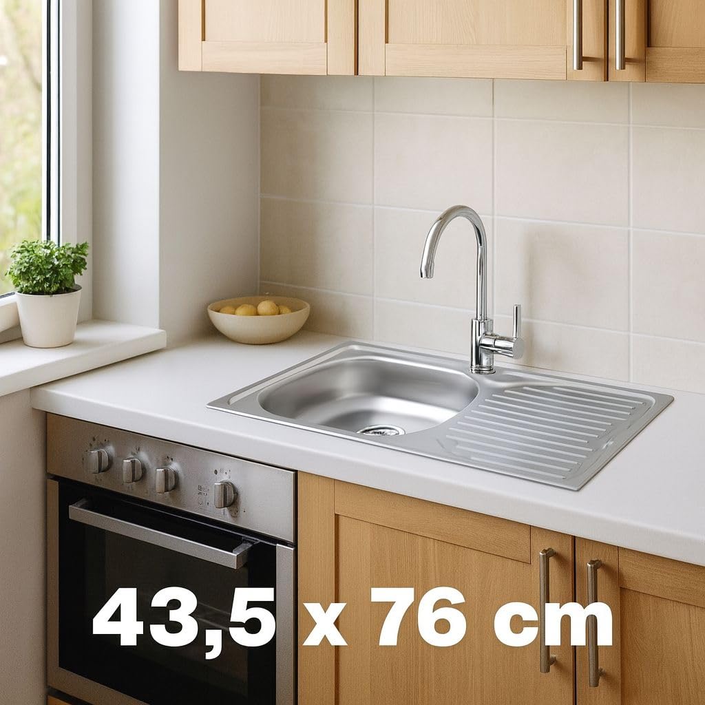Evier Inox 1 Bac en acier inoxydable 76 x 43,5 cm – Évier encastrable – Avec siphon, trou de robinet et égouttoir