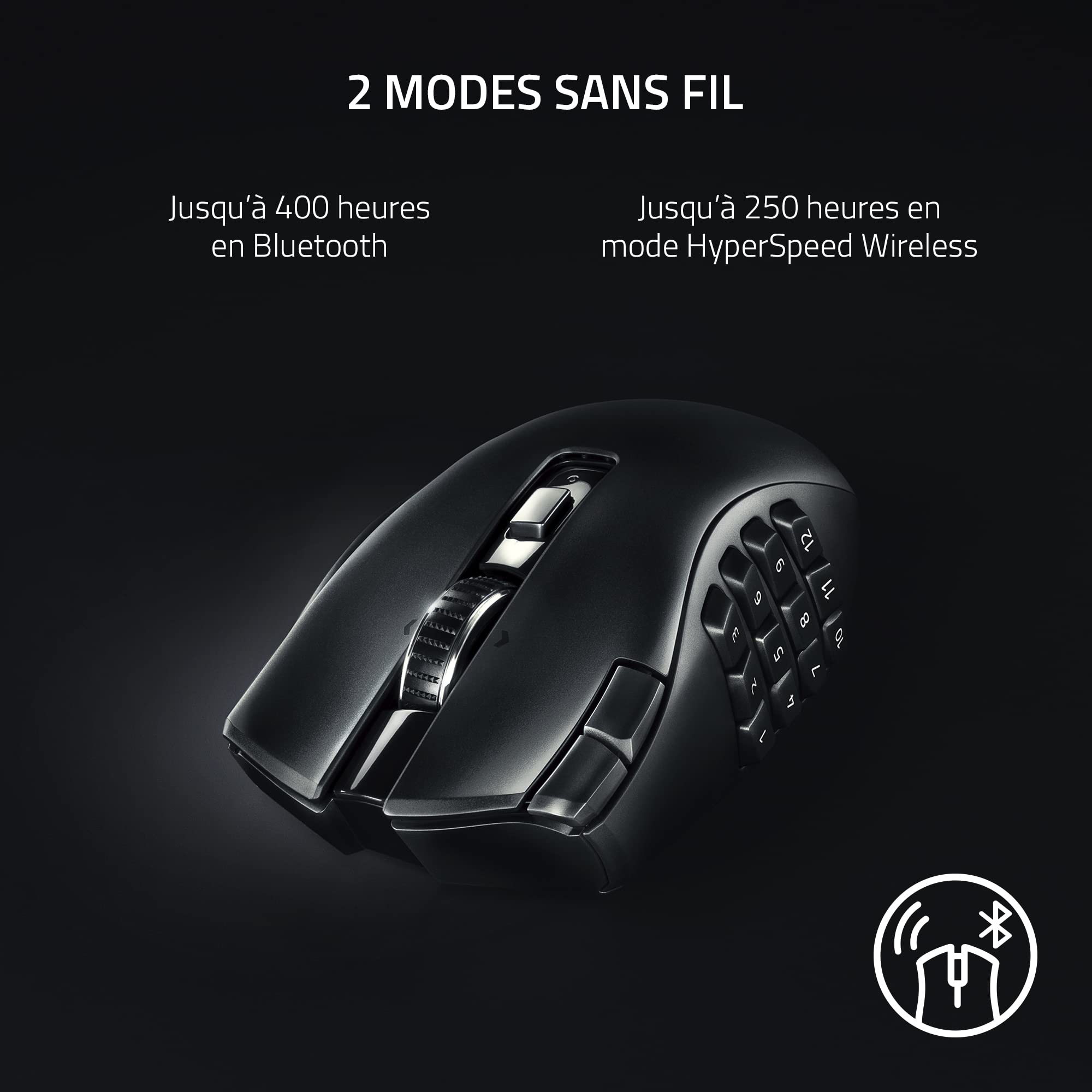 Razer Naga V2 HyperSpeed - Souris de Jeu MMO sans Fil Ergonomique (avec 19 Boutons programmables, sans Fil HyperSpeed (2,4 GHz), Bluetooth, jusqu'à 250 Heures, capteur Optique Focus Pro 30K) Noir
