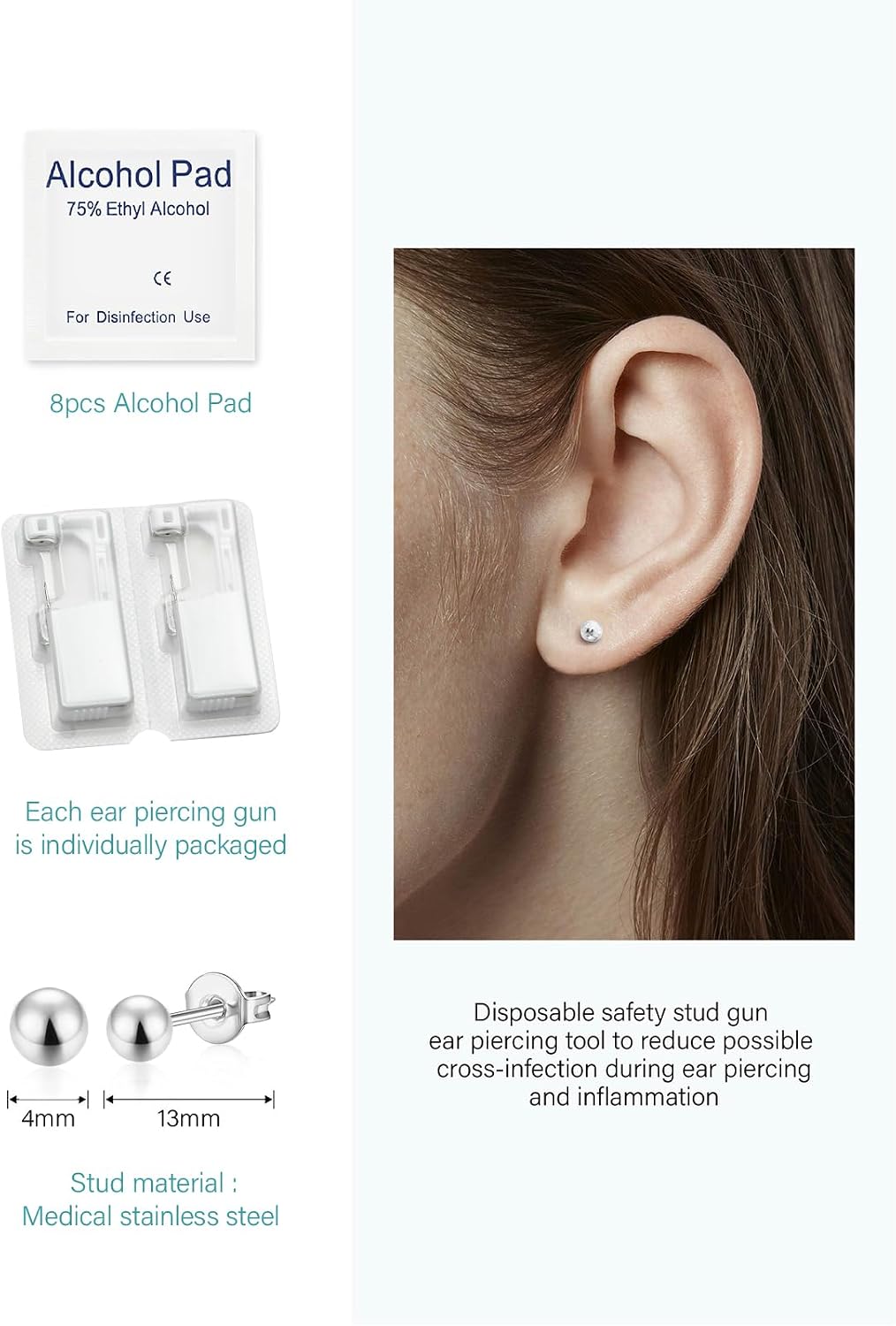 8pcs Ear Piercing Gun Kit Silver Gold,Self Home Ear Piercing Kit Painless Disposable Ear Piercing Kit Guns,Safety Asepsis Set Piercing Guns with Ear Studs Earrings for Women Men Girls Boys image 4
