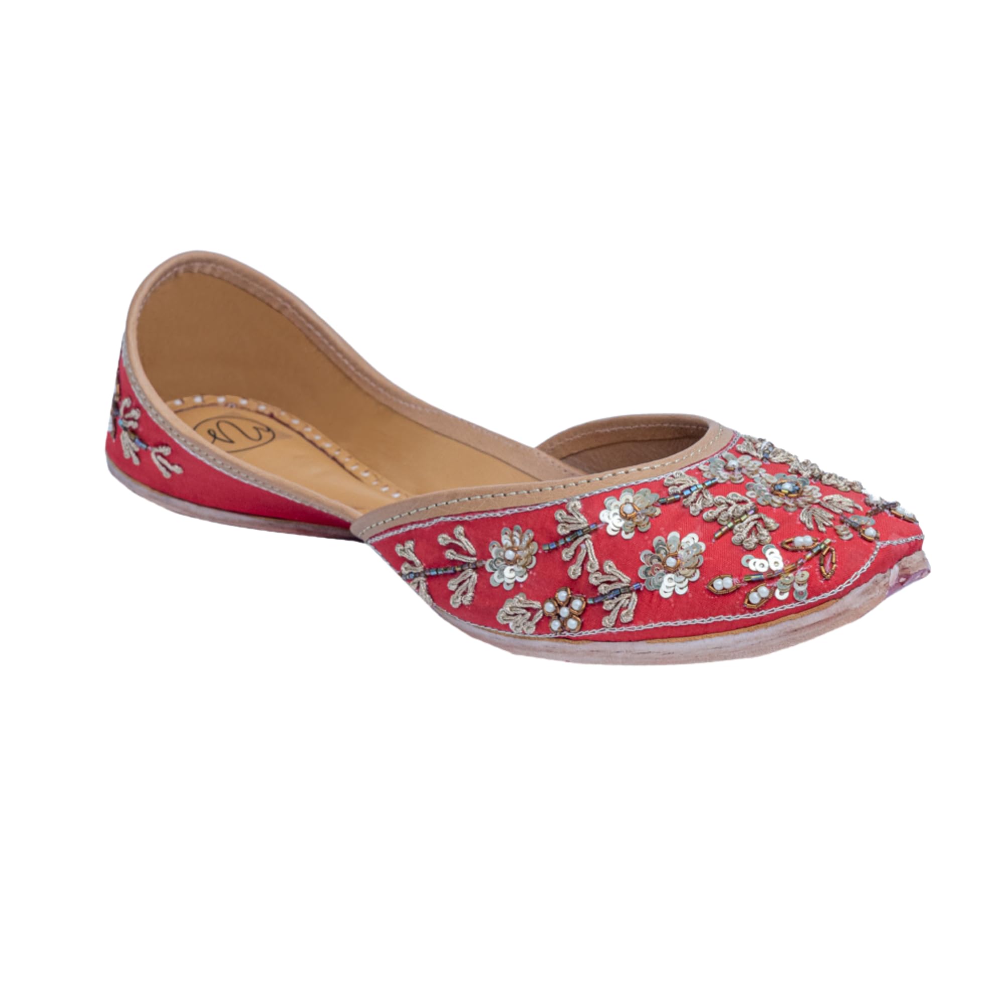 Women Red Embroidered & Embellished Mojaris Flats |-image-39