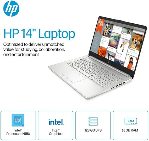 HP 2025 Latest 14 HD Laptop Computer, Intel Processor N150, 16 GB RAM, 384 GB Storage(128GB UFS+256GB MSD), with Office Lifetime License, Copilot AI, Wi-Fi 6, Webcam, Windows 11 Pro, w/Accessories
