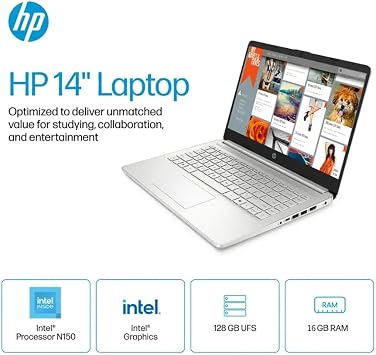 HP 2025 Latest 14 HD Laptop Computer, Intel Processor N150, 16 GB RAM, 384 GB Storage(128GB UFS+256GB MSD), with Office Lifetime License, Copilot AI, Wi-Fi 6, Webcam, Windows 11 Pro, w/Accessories