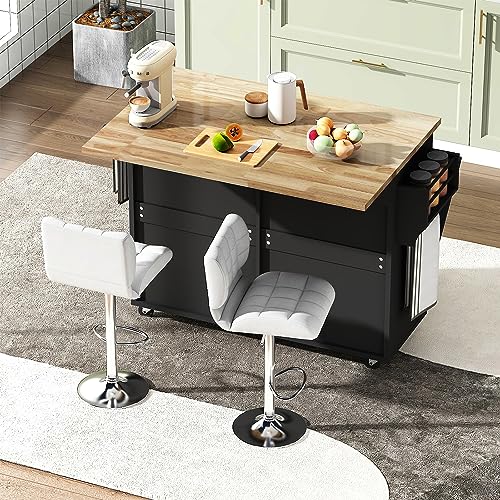 Fingertip WD Rolling Kitchen Island with Drop Leaf - Kitchen Trash Cabinet Tilt Out 10 Gallon Storage, Storage Islands Movable Carts with Rubberwood Top, Spice Rack and Drawers for Dining Room(Black) - Thumbnail 2