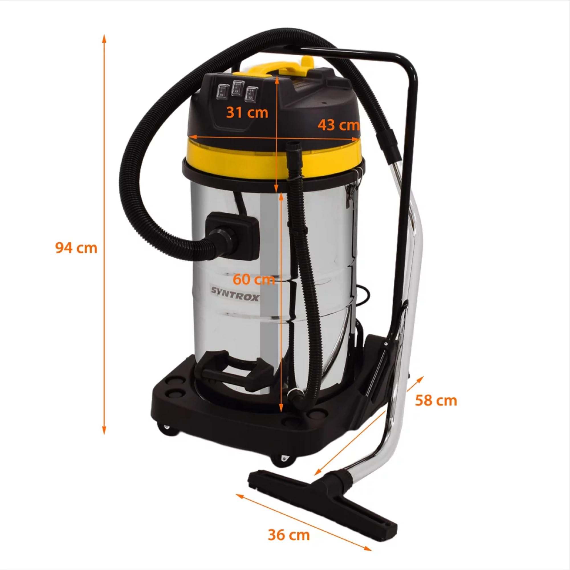 Syntrox Germany Industriesauger Samaka XL Edelstahl, 3 Saugturbinen, Großraumsauger, Leistungsstark, Industrielle Reinigungsmaschine, Edelstahl, einfache Reinigung (80 Liter)