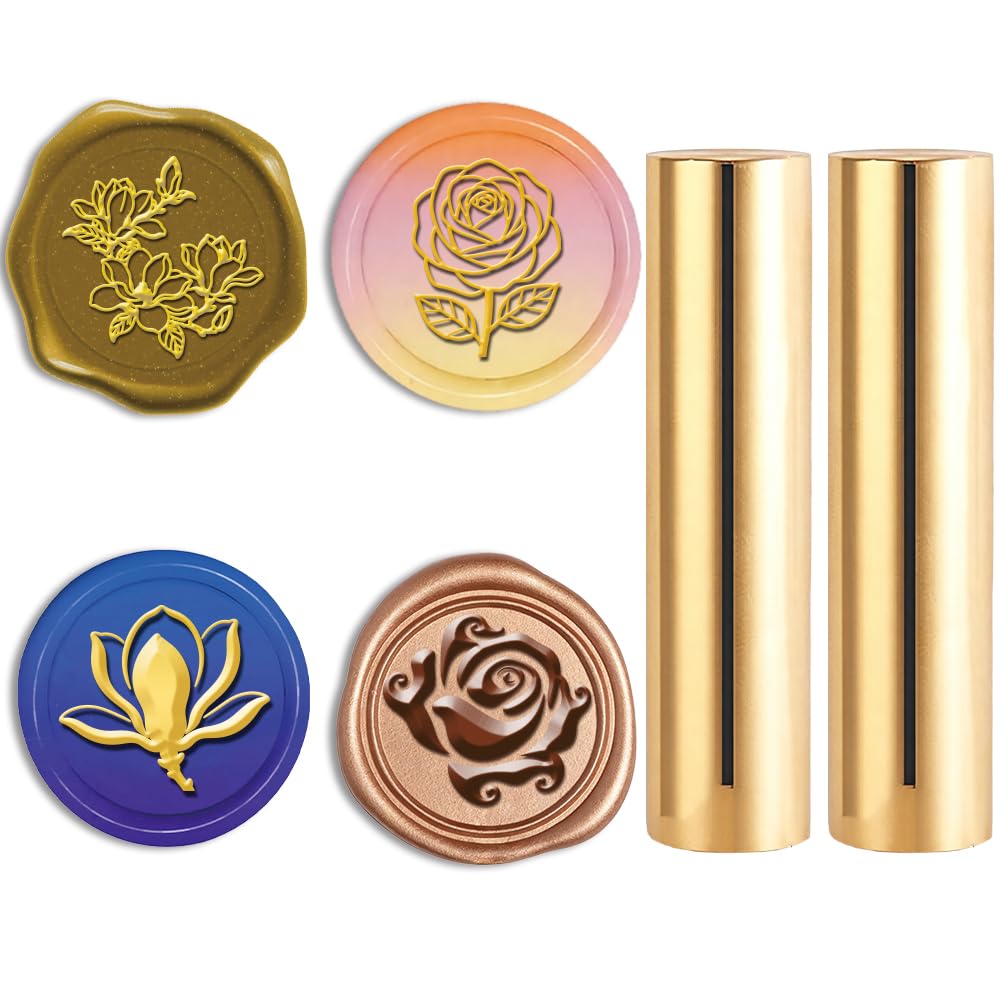 PRESSINART 2Pcs 4 Styles Mini Wax Seal Stamp 15mm Double Sided Design, Sealing Wax Stamp Flower Rose Pattern Mini Brass Seal Tool for Wedding Birthday Invitations Cards Gift Wrap Envelope DIY Crafts