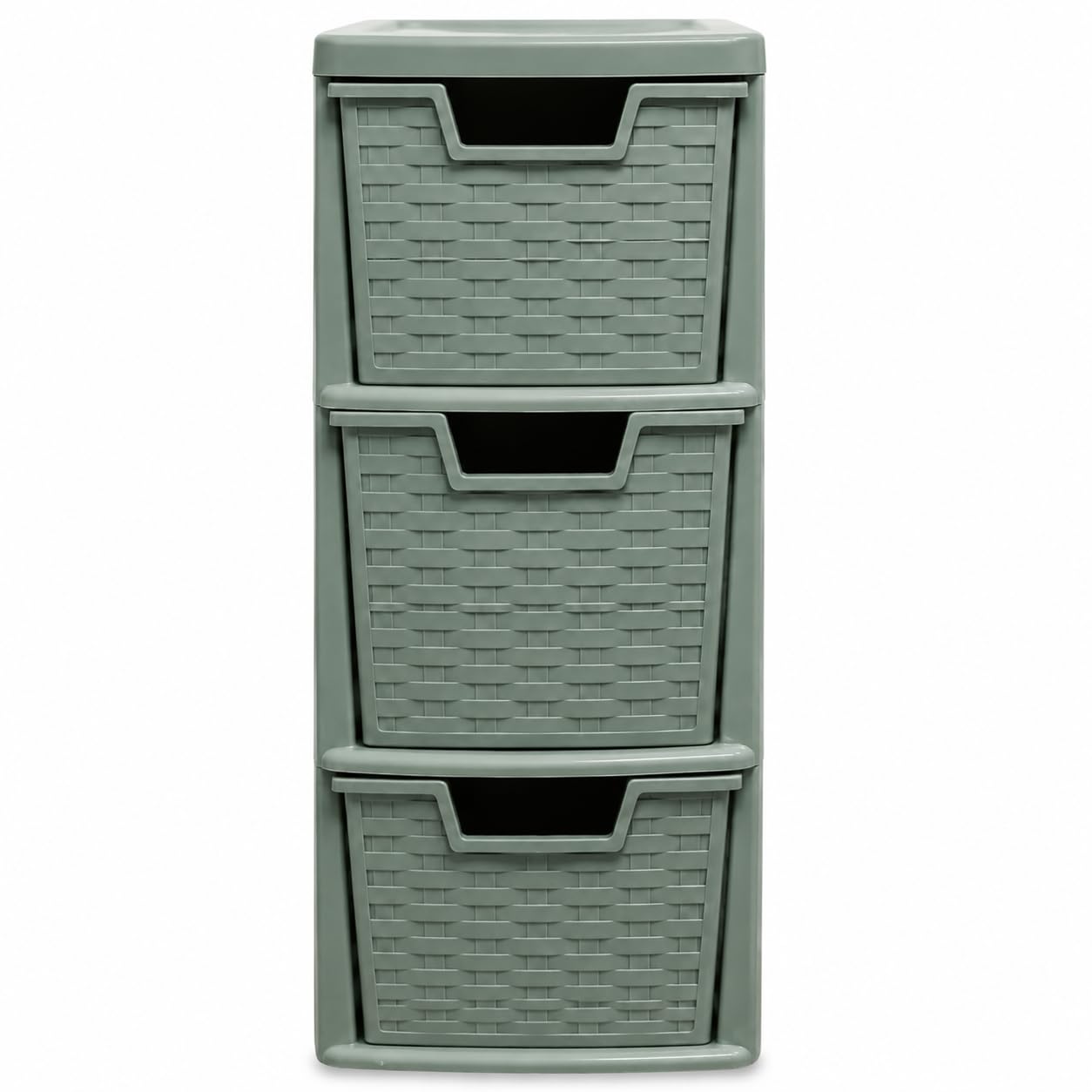 ORYNTO Medium Rattan Effect Plastic Storage Drawers Tower Spacious Plastic Drawers Organizer Unit for Home Office Bedroom Garage Durable Stylish Multi Purpose Storage Drawers(3 Tier,Rattan Sage Green)