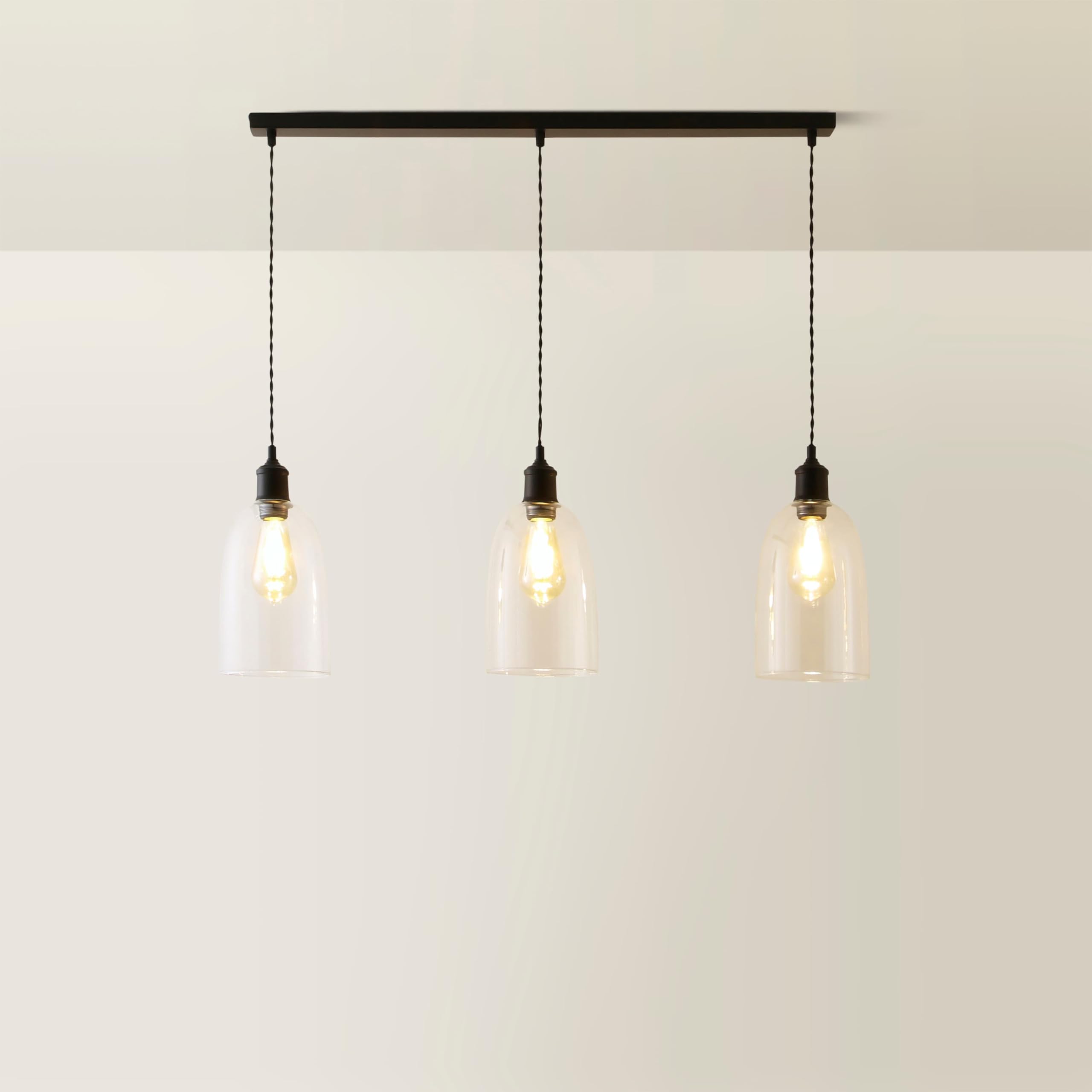 ValueLights | Kira Glass Cloche Dome 3 Drop Bar Matte Black Diner Ceiling Pendant Light | Pendent Light, Home Décor & Improvement Essential | Includes Full Wired Fitting
