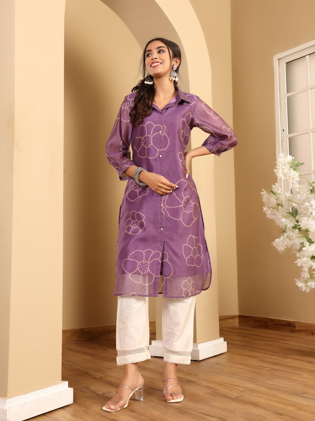Varanga Women Premium Bandhani Floral Printed Shirt Kurta Purple