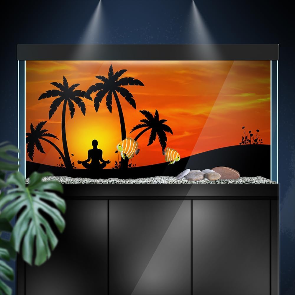 Aquarium Background Stickers - Meditation Sunset Silhouette Self-Adhesive Fish Tank Reptile Terrarium Decor Poster (120 x 60 cm / (47.2 x 23.6 inches))