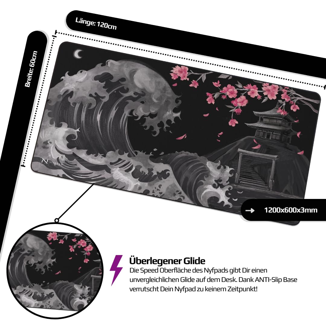 Nyfter - Premium Sakura V4 Gaming Mousepad 3XL 1200x600mm Mousepad Nyfpad Mousepad wellenfrei mit extra vernähten Kanten (3XL)