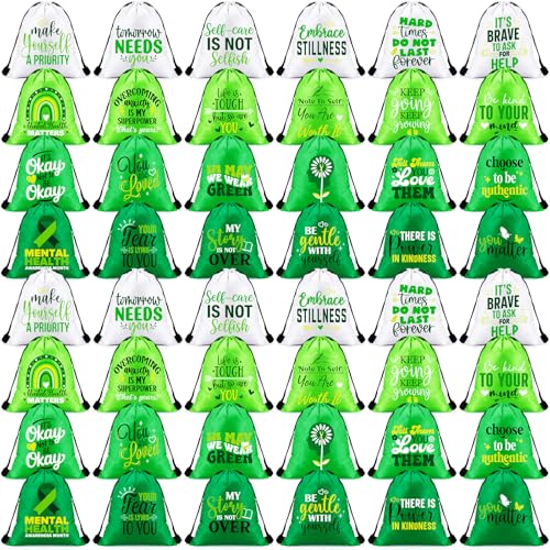 Amylove 48 Pcs Mental Health Awareness Drawstring Backpack 11.8'' Green Ribbon Polyester Drawstring Bags Sport Gym Sackpack for Women Depression Charity Events Party Gifts Travel Storage Accessories