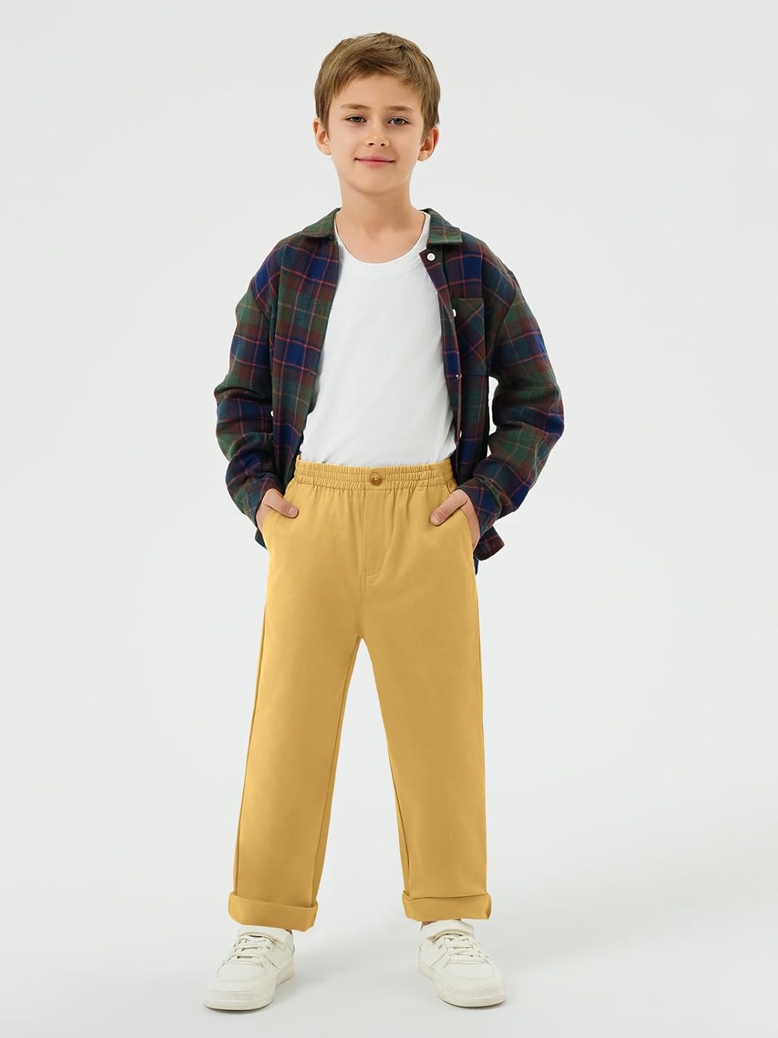 Haloumoning Boys School Uniform Chino Pants Kids Elastic Waist Pull on Twill Pants with Pockets 5-14 Years - Image 2