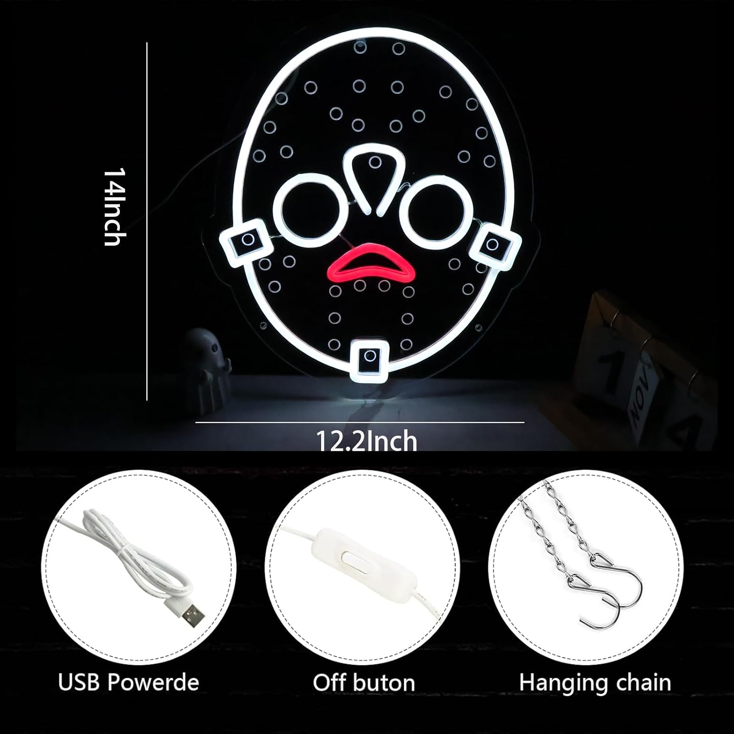 Horror Figure Neon Signs Neon Lights for Wall Decor, Dimmable LED Friday The 13th Neon with USB Power for Kids & Adults Room Decoration, Birthday Party Bar Home Halloween Gift14*12.2inch