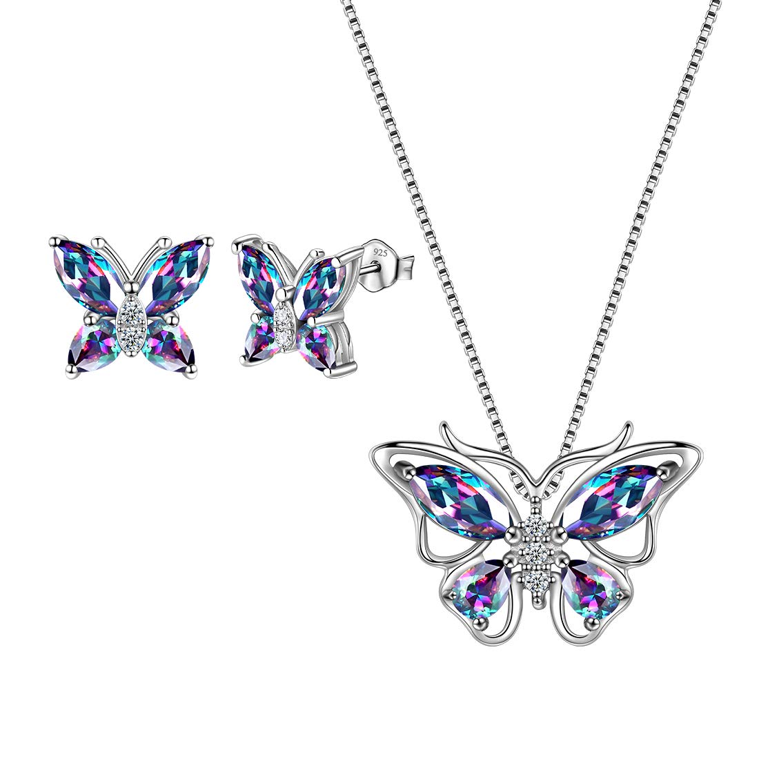 Aurora Tears Butterfly Jewelry,Women 925 Sterling Silver Butterflies Birthstone Pendant Necklace/Earrings/Rings Wedding Gift