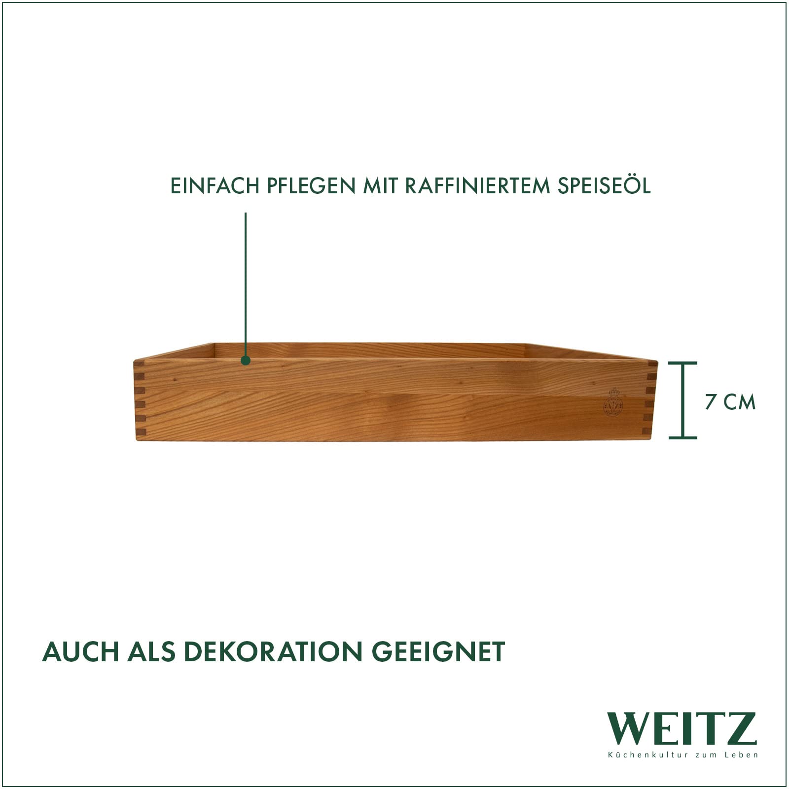 Weitz Serviertablett 45x33 cm aus geöltem Kirschholz, Holztablett aus Holz mit Griffen, rechteckiges Frühstückstablett