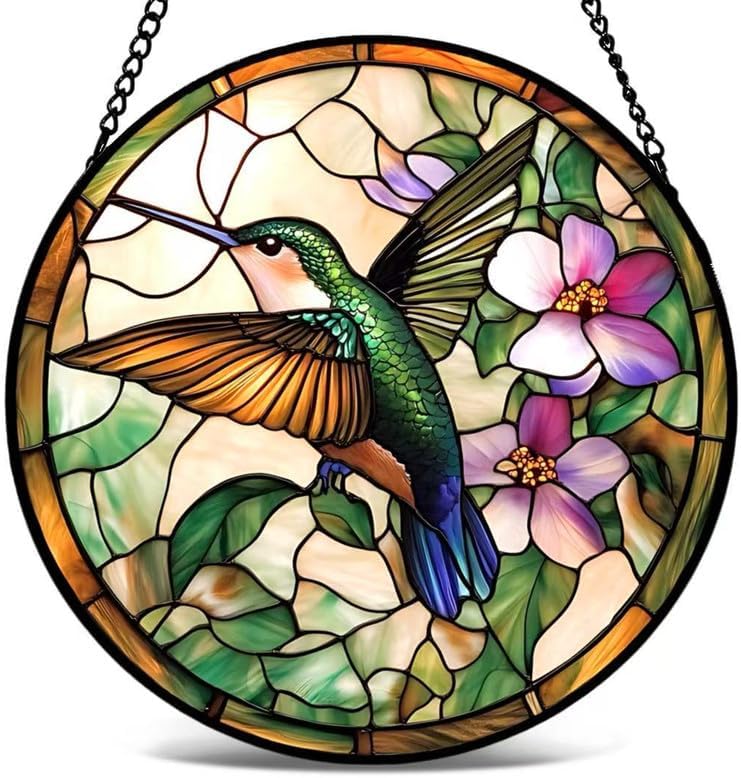 Bee Stained Glass Suncatcher Round Window Hanging Decor Colorful Floral Sun Catcher Panel Honey Bee Art for Home Kitchen Garden Living Room Gift