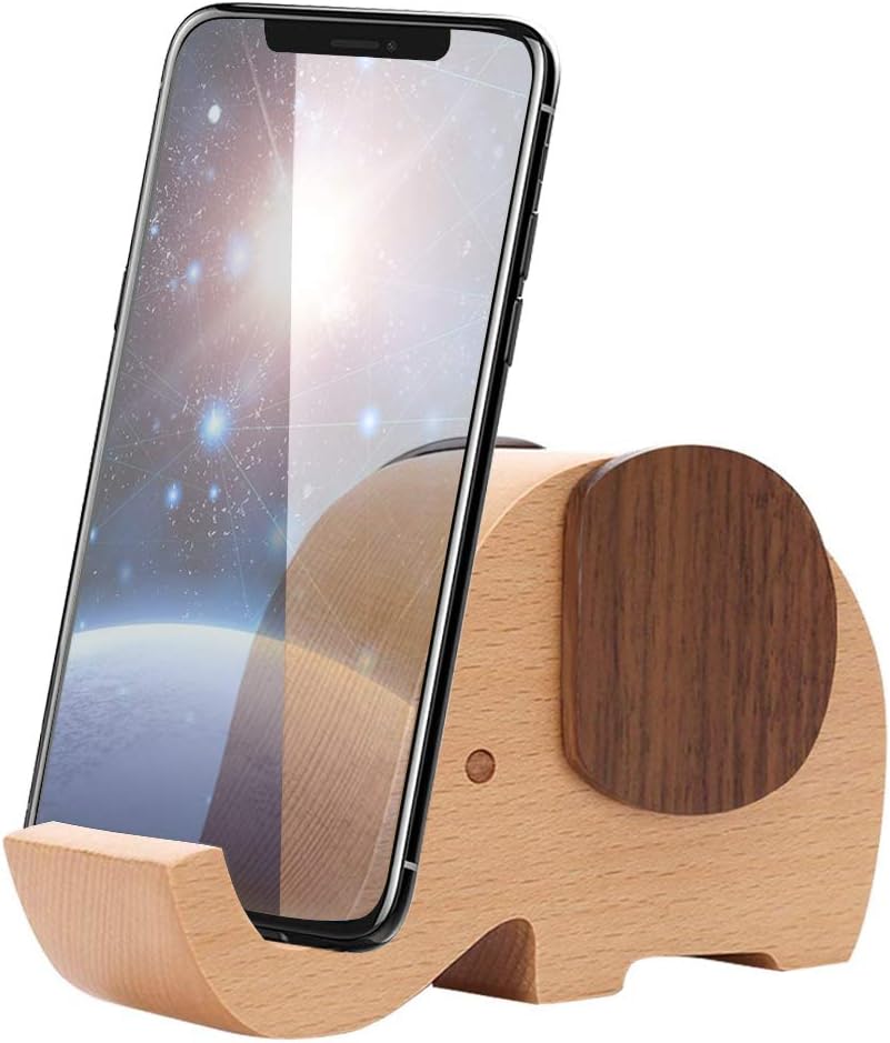 Cell Phone Stand, Wood Made Elephant Phone Stand for Smartphone with Pen Holder Desk Organizer (Larger)