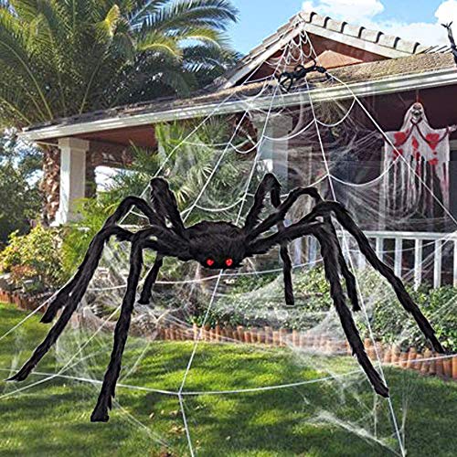 Halloween Giant Spider Decorations Fake Large Spider with Straps Hairy Spider Realistic Scary Prank Props for Indoor Outdoor Yard Party Halloween Decor Black (59 Inch)
