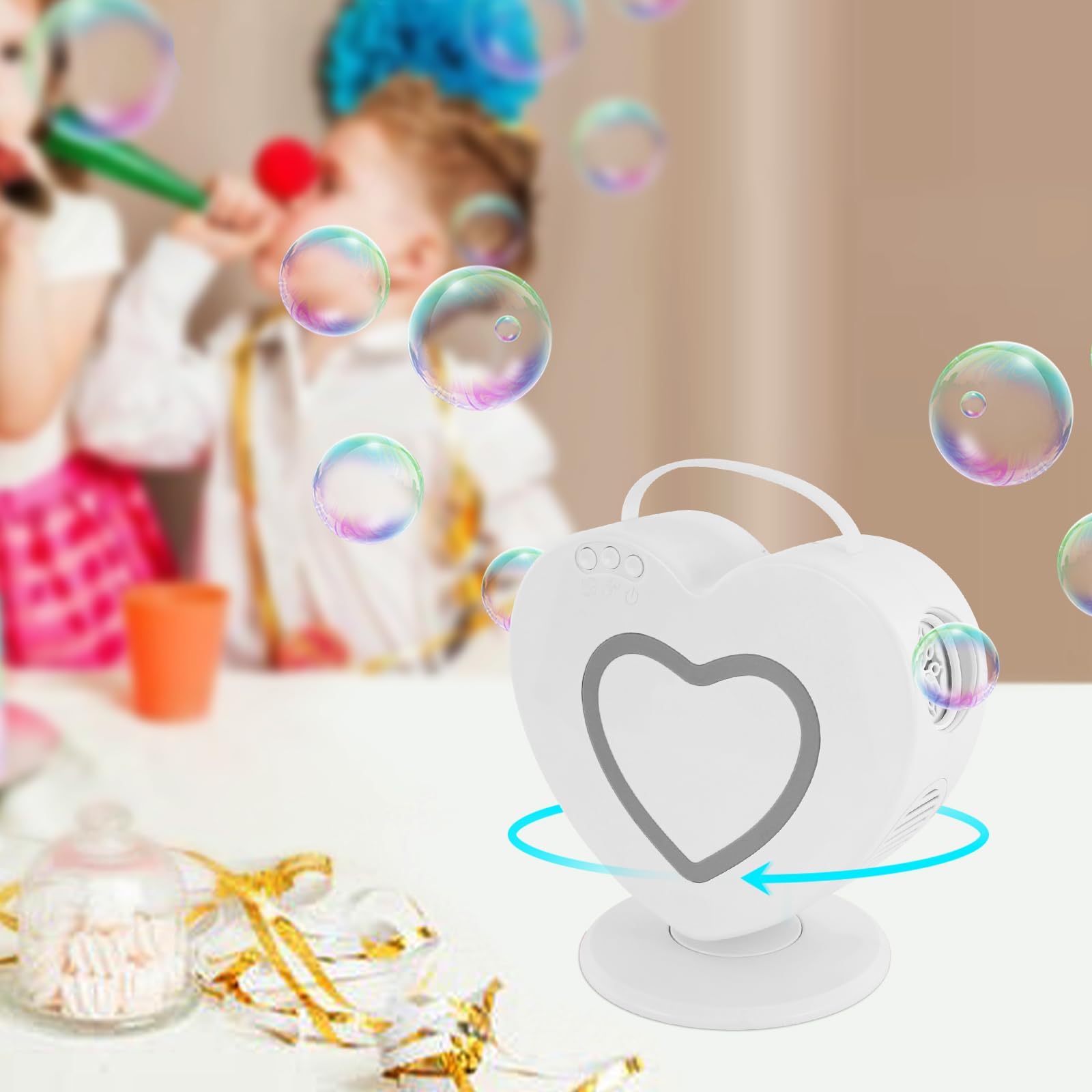 Macchina per bolle di sapone a forma di cuore, macchina automatica per bolle di sapone con rotazione di 360°, capacità 500 ml, macchina per bolle per compleanno, festa, matrimonio