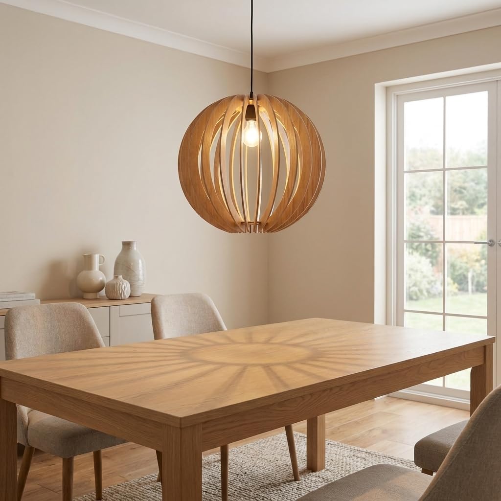 BARCELONA LED Lampa Wisząca BURMA Ø45 cm z Drewna MDF | Kulisty Klosz w Naturalnym Wykończeniu | Oprawka E27 Max. 40W | Regulowana Wysokość | Lampa Sufitowa do Salonu, Jadalni i Sypialni