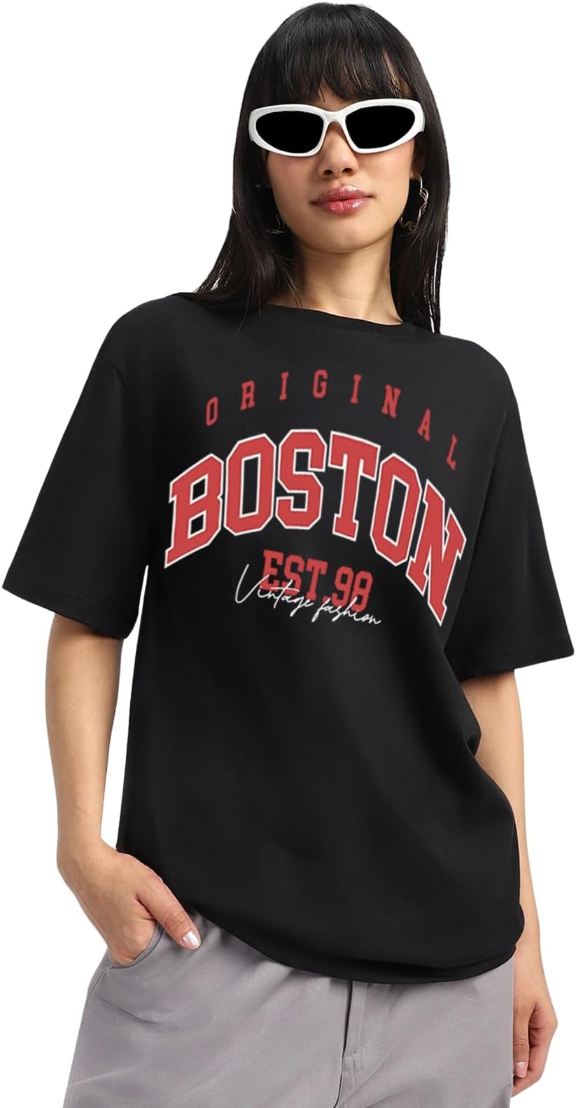 JUNEBERRYRound Neck Drop Shoulder Round Neck Black & White Graphic Printed Pure Cotton Oversized Baggy Fit Half Sleeve T-Shirt for Women & Girls (Sizes: S to 2XL)