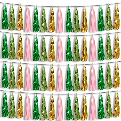 Image of 4P Pink-Gold Sage-Green Party-Decorations Foil Fringe Metallic Tassel Streamers Banner Tassel Garland for Parade Floats, Birthday, Bachelorette, Wedding, Halloween, Christmas