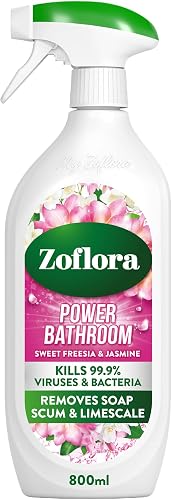 Zoflora Sweet Freesia & Jasmine Power Bathroom 800 ml, Limescale prevention and removal. Soapscum Remover, Disinfectant Cleaner Spray, Antibacterial Surface Cleaner, Bathroom Cleaner Spray
