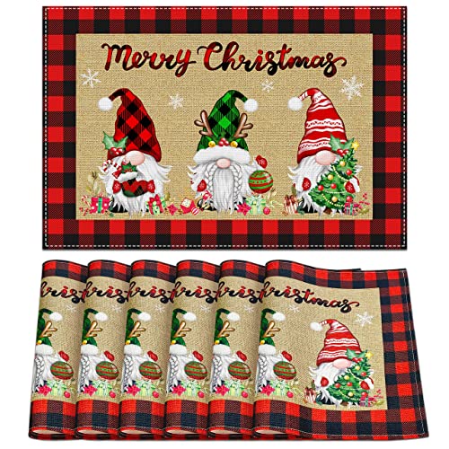 Christmas Placemats Set of 6, Merry Christmas Gnome Table Mats Kitchen Mat for Dining Table, Washable Linen Snowflake Gnome Dining Place Mat Table Decoration for Holiday Decor, 12 x 18inch