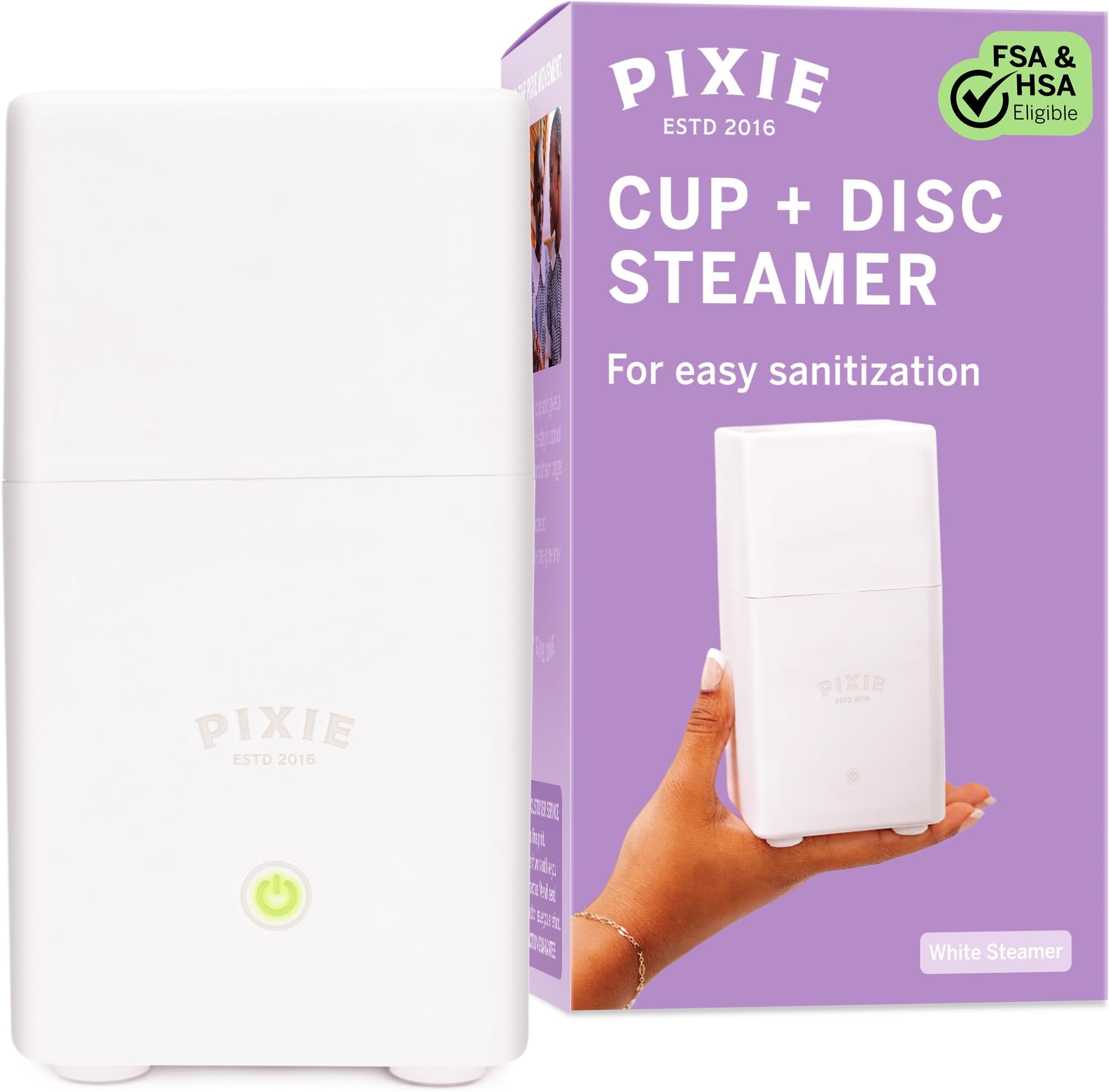 Pixie Menstrual Cup Steam Cleaner - Wash Your Cup + Kill 99.9% of Germs with Cleanser Steam for Feminine Care - 3 Minutes and Your Period Cup is Sterile! Automatic Shut Off - FSA Eligible (White)
