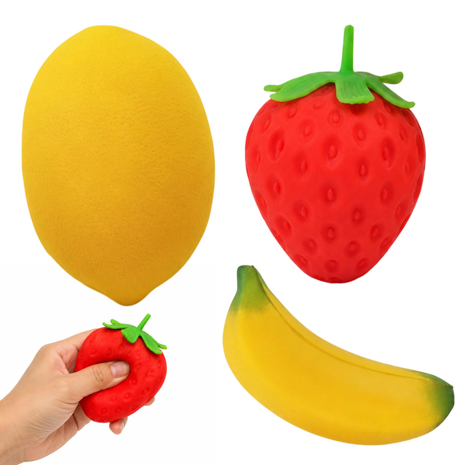 3PCS Fruit Squishy, Strawberry Lemon Banana Slow Rising Fruit Sensory Stress Balls, Soft Squeeze Gifts for Office Desk & Classroom
