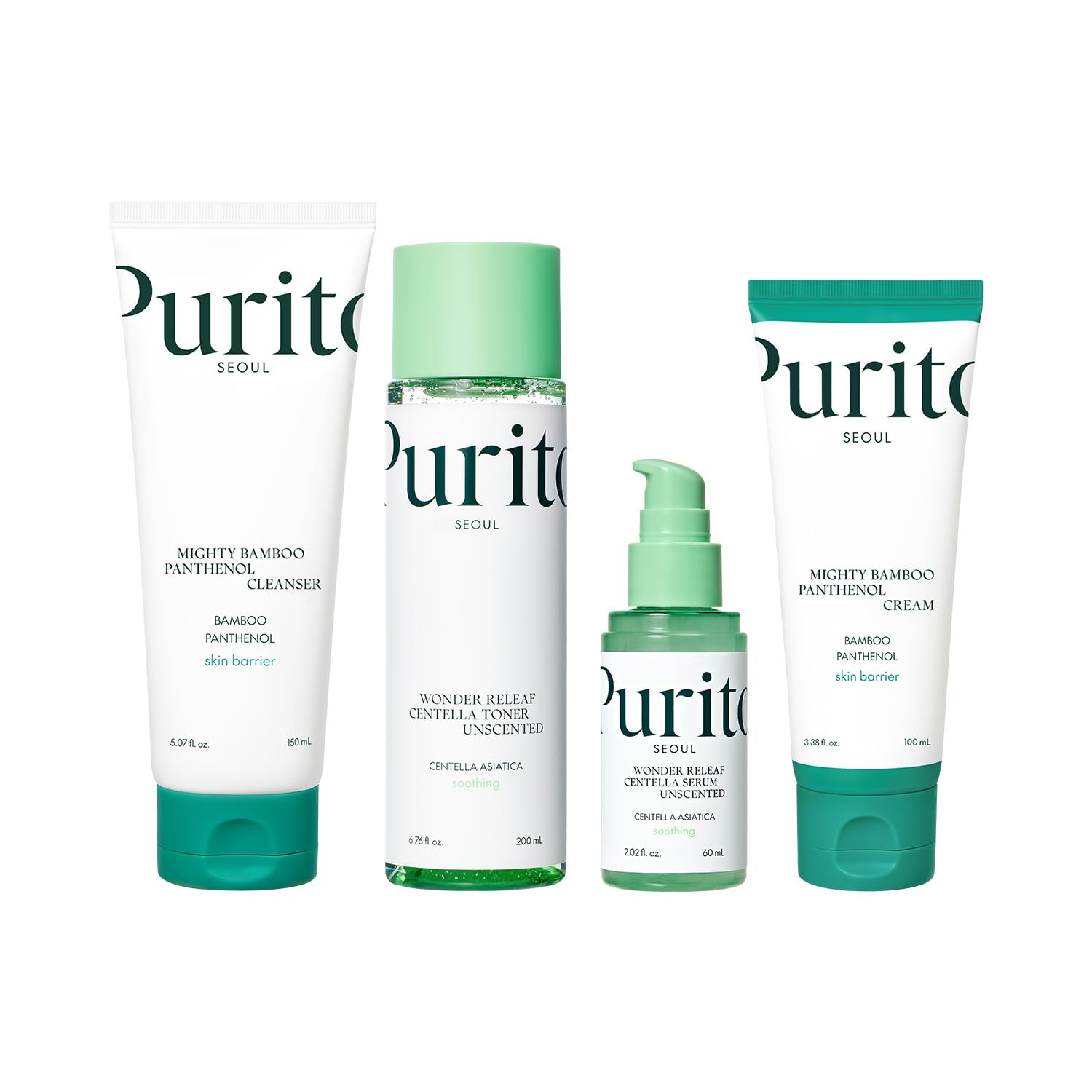 PURITO Seoul Perfect Routine Set for Glass skin (Panthenol Cleanser + Centella Unscented Toner + Serum + Panthenol Cream)